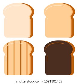 Toasts Bread Set Isolated On White Background. Vector Illustration Flat Design Cartoon Style. Four Slices Of Toast: Fresh Bread, Fried, Grilled, Burnt. Delicious Sandwich Breakfast Concept.