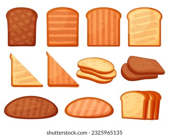 Toasts, bread toast cartoon elements. Toasted loaf slices, fresh isolated sandwich ingredients. Health bakery snack for lunch or breakfast, nowaday vector set