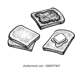 Toasts with butter and jam. Ink sketch isolated on white background. Hand drawn vector illustration. Retro style.