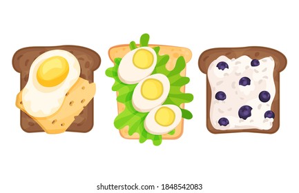 Toasts With Different Ingredients Top View Vector Set