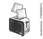 toasts fly up from the toaster sketch engraving vector illustration. T-shirt apparel print design. Scratch board imitation. Black and white hand drawn image.