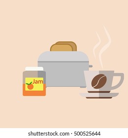 Toasts flying out of toaster. Jam and coffee. Flat vector illustration