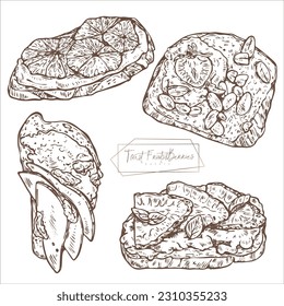 Toasts with fruits, berries and nuts. Healthy breakfast meal. Set of vector illustrations isolated on light background. Hand drawn. Vintage style.