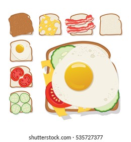 Toasts icon. Set of toast with cheese, cucumber, bacon, tomato and a fried egg. Flat design. Vector illustration.