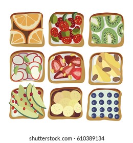 Toasts with orange, bilberry, bananas, strawberry, kiwi, avocado, tomato, vector illustration 