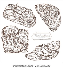 Tostadas con melocotón, cerezas y diferentes tostadas. Desayuno saludable. Conjunto de ilustraciones vectoriales aisladas en el fondo de la luz. Dibujado a mano. Estilo vintage.