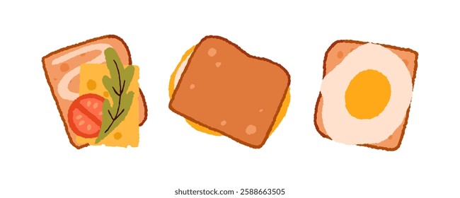 Toasts, sandwich with fried egg, arugula, fresh tomato vegetable, cheese slice, sauce. Breakfast snack, vegetarian food. Morning meal set. Flat vector illustration isolated on white background