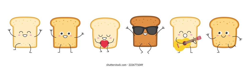 Toast set lindo personaje caricatura saludo saltar el amor correr sonrisa cara alegre kawaii alegría feliz emociones alegres símbolo de desayuno icono de ilustración vector.