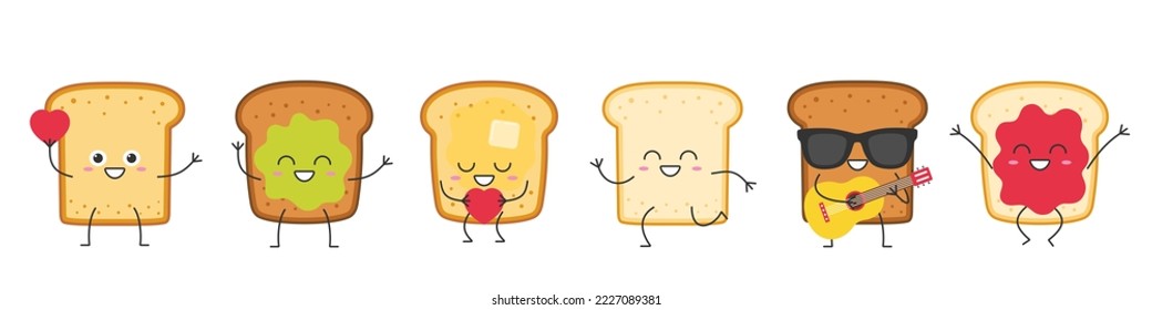 Toasts set cute character cartoon butter avocado jam greet jump love run sing smile face cheerful kawaii joy happy emotions symbol breakfast icon vector illustration.