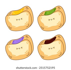 Tostadas conjunto lindo carácter de dibujos animados de mantequilla de aguacate mermelada, queso, matcha, chocolate, taro. Brindis sonrisa cara alegre kawaii alegría emociones felices símbolo de desayuno icono Ilustración vectorial. Pan, panadería.