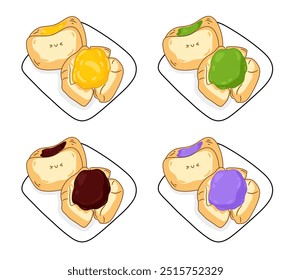 Tostadas conjunto lindo carácter de dibujos animados de mantequilla de aguacate mermelada, queso, matcha, chocolate, taro. Brindis sonrisa cara alegre kawaii alegría emociones felices símbolo de desayuno icono Ilustración vectorial. Pan, panadería.