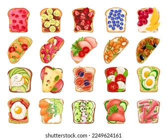 Toasts set vector illustration. Cartoon isolated breakfast food in restaurant menu collection, slices of toasted cereal bread or baguette with eggs and cheese, vegetables or fruit, meat or seafood