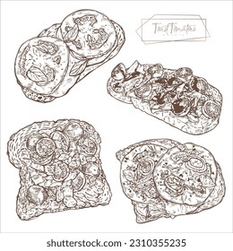 Toasts with tomato and greenery, different toppings. Healthy breakfast meal. Set of vector illustrations isolated on light background. Hand drawn. Vintage style.