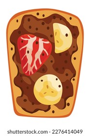 Toasts top view. Cartoon isolated slice of toasted cereal bread with with healthy toppings. Sandwiches for sweet breakfast