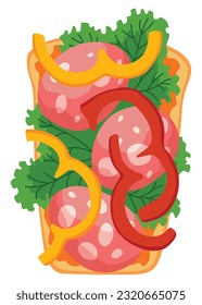 Toasts top view. Cartoon isolated slice of toasted cereal bread with with healthy toppings. Sandwiches for sweet breakfast