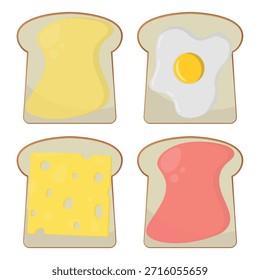 Toasts with Toppings - Vector of Different Toast Toppings Like Fried Egg, Butter, Jam and Cheese. Perfect for Breakfast or Snack-Themed. Top View.