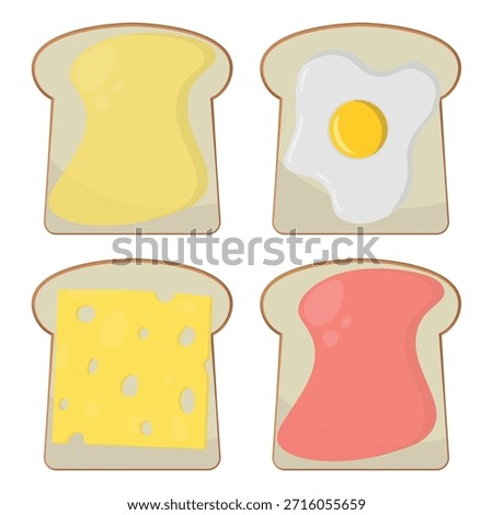 Toasts with Toppings - Vector of Different Toast Toppings Like Fried Egg, Butter, Jam and Cheese. Perfect for Breakfast or Snack-Themed. Top View.