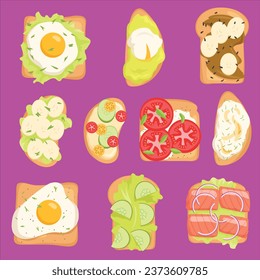 toasts with various toppings illustrations set vector design illustration