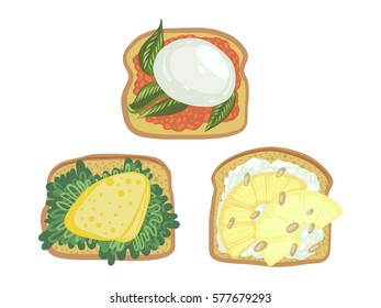 Toasts vector illustration, cheese, bread,sauce, tasty food, breakfast
