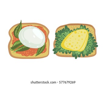 Toasts vector illustration, cheeze, bread,sauce, tasty food, breackfast