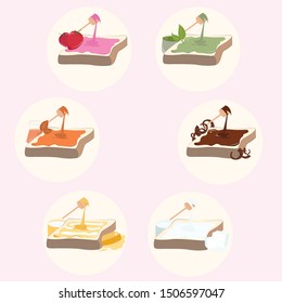 Toasts vector menu with 6 flavours are strawberry, matcha green tea, thai orange tea, chocolate, butter and sugar.