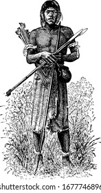 Toba Indian with long hair and holding arrows, toba people are one of the largest indigenous groups in Argentina, vintage line drawing or engraving illustration.