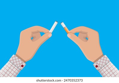 Tobacco abuse concept. Hand breaks cigarettes. No smoking. Rejection, proposal smoke. Vector illustration in flat style.