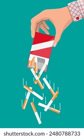 Tobacco abuse concept. Hand throws cigarettes out of pack. No smoking. Rejection, proposal smoke. Vector illustration in flat style.