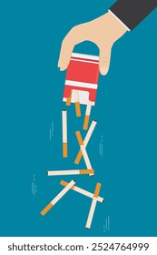 Tobacco abuse concept. Hand throws cigarettes out of pack. No smoking. Rejection, proposal smoke. Taking care of your health, harm from cigarettes. Vector illustration in flat style.