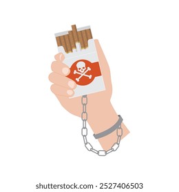 Tobacco abuse concept. Pack of cigarettes chained to hand shackles. No smoking. Rejection, proposal smoke. Vector illustration in flat style.