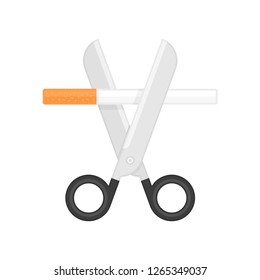 Tobacco abuse, no smoking concept. Scissors cut a cigarettes. Reject Cigarettes offer. Vector illustration in flat style. EPS 10.