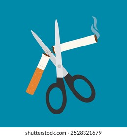 Abuso de tabaco, concepto de no fumar. Las tijeras cortan un cigarrillo. Rechazar oferta de cigarrillos. Deja de fumar. Ilustración vectorial en estilo plano