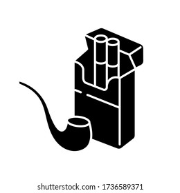 Tobacco black glyph icon. Cigarettes in open box package. Pipe for smoking. Nicotine containing products. Cancer disease cause. Silhouette symbol on white space. Vector isolated illustration