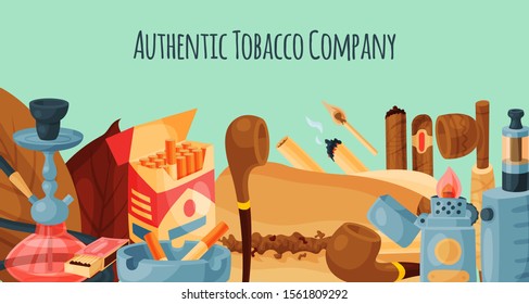 Tobacco, cigar and hookah banner vector illustration. Cigars, cigarettes and tobacco leaves, pipes, ashtrays and lighters. Smoking accessories