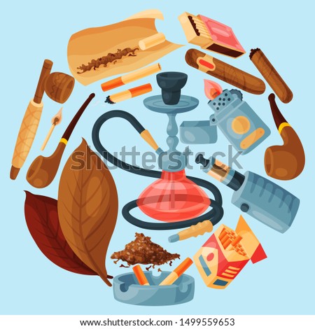 Tobacco, cigar and hookah round vector illustration. Cigars, cigarettes and tobacco leaves, pipes, ashtray and lighters all located around a hookah. Smoking accessories.
