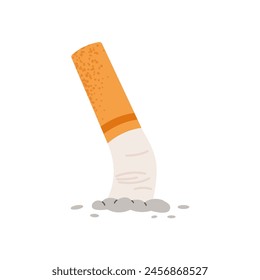 Tobacco cigarette butt extinguished with ashes. No smoking area sign template. Flat vector illustration isolated on white background.