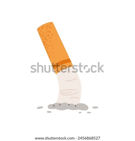 Tobacco cigarette butt extinguished with ashes. No smoking area sign template. Flat vector illustration isolated on white background.