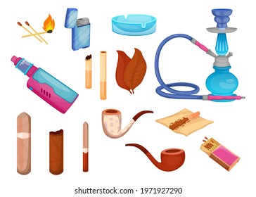 Tobacco and cigars vector illustrations set. Collection of harmful drugs, nicotine, hookah, vape, matches, cigarettes, cigarillos, ashtray isolated on white background. Bad habits, addiction concept
