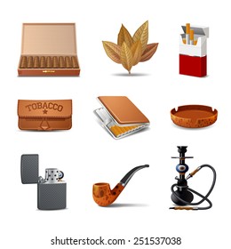 Tobacco decorative realistic icon set with cigars cigarette pack ash tray isolated vector illustration