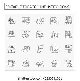  Tobacco industry line icons set. Growth, preparation for sale, shipment, advertisement, and distribution of tobacco-related products. Business concepts. Isolated vector illustrations. Editable stroke