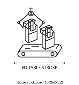 Tobacco Industry Linear Icon. Conveyor Automatic Cigarette Production Line. Products For Smokers Plant. Thin Line Illustration. Contour Symbol. Vector Isolated Outline Drawing. Editable Stroke