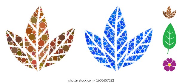 Tobacco leaves mosaic of spheric dots in different sizes and color tinges, based on tobacco leaves icon. Vector round dots are organized into blue mosaic.