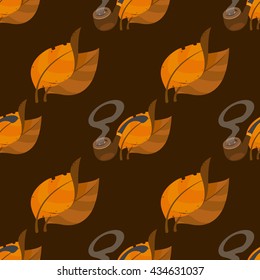 Tobacco leaves and tobacco pipe seamless pattern on brown background for design surface.
