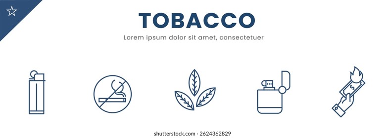 Tobacco line Icon Set . Smoke, nicotine, addiction, inhaling, pipe, cigars. Vector Illustration.	