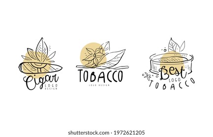 Tobacco Logo Design with Smoking Cigar and Plant Leaves in Hand Drawn Style Vector Set