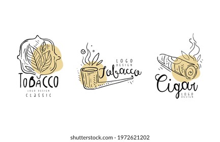 Tobacco Logo Design with Smoking Pipe and Plant Leaves in Hand Drawn Style Vector Set