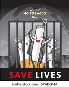 Tobacco Mascot Character attack the jail and want to get out. World map background. World no tobacco day. Save lives concept.
