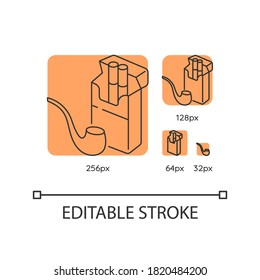 Tobacco orange linear icons set. Cigarettes in package. Pipe for smoking. Nicotine products. Thin line customizable 256, 128, 64 and 32 px vector illustrations. Contour symbols. Editable stroke