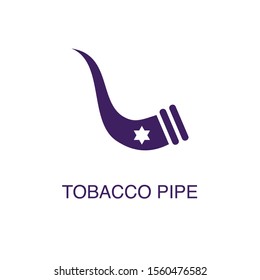 Tobacco pipe element in flat simple style on white background. Tobacco pipe icon, with text name concept template