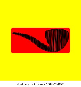 Tobacco pipe icon. Vector. Black scribble icon in red container with rounded corners at yellow background. Isolated.